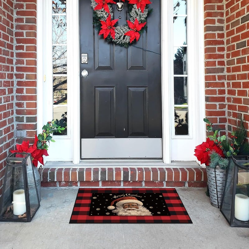 Fourluoo 2 Pcs Christmas Front Porch Rug Black Santa Christmas Door Mat Imitation Coco Coir Buffalo Plaid Xmas Welcome Layering Rug for Outdoor Winter Home Festival Holiday Decor, 28 x 43 Inch - Image 3
